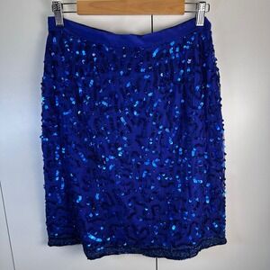 VTG Styleworks Royal Blue Sequined Silk Cocktail Party Knee Length Skirt Size 12